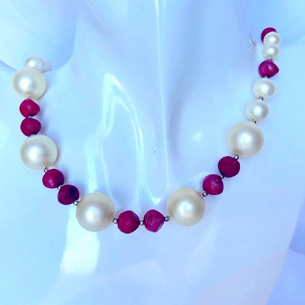 Vintage 1950’s Necklace Faux Pearl & Cranberry Colored Beads